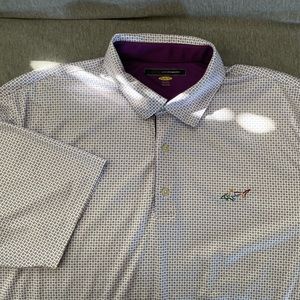 Greg Norman Play-Dry golf polo in white and maroon geometric pattern. Size XXL